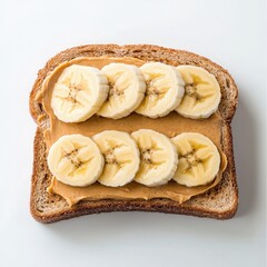 Banana and peanut butter toast on white background