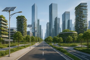 Obraz premium Innovative urban landscape showcasing sustainable architecture and thriving greenery in a modern city