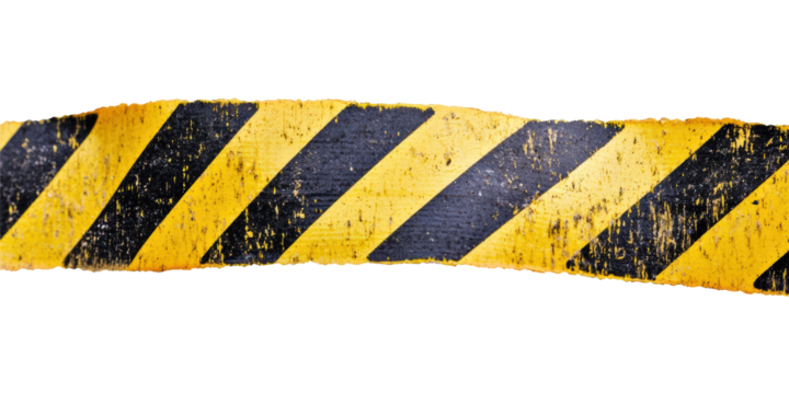 Worn Yellow And Black Caution Tape. Safety And Hazard Warning Symbol Isolated On Transparent Background