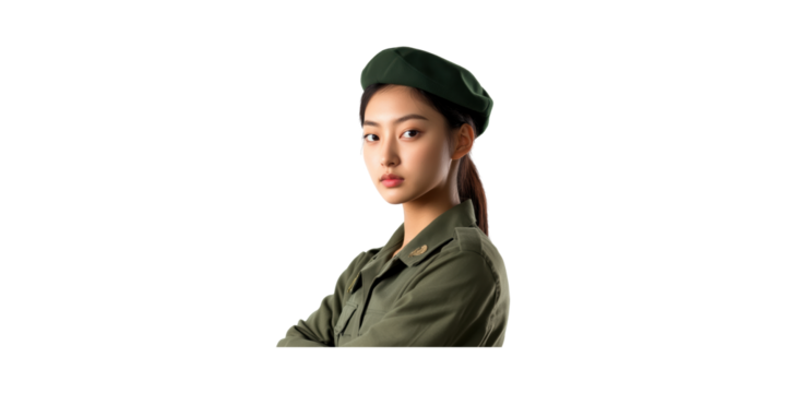 Young Woman In Military Uniform With Green Beret. Strength And Leadership Isolated On Transparent Background