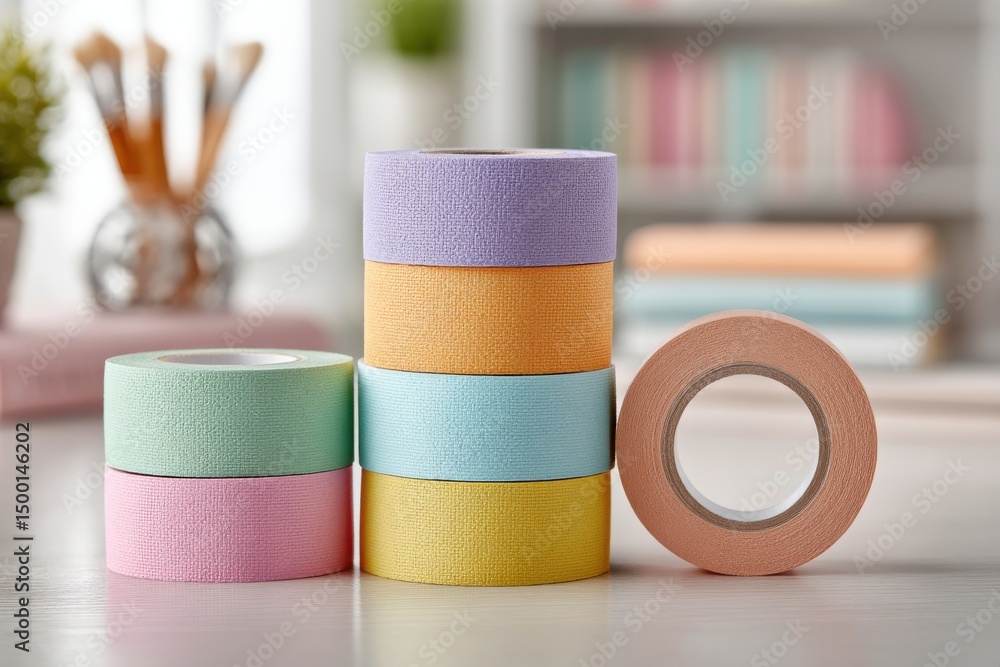 Poster close-up shot featuring a stack of colorful patterned paper tapes in a craft room, adding a vibrant 