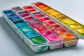 Macro shot featuring sets of artist's watercolors, showcasing vibrant color palettes ready for artistic expression and creative painting projects on a light surface.