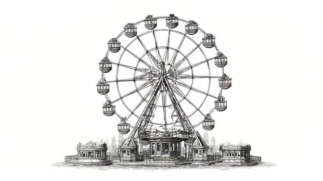 Sketch engraving of large Ferris wheel amusement ride with detailed passenger cabins in vintage fairground scene