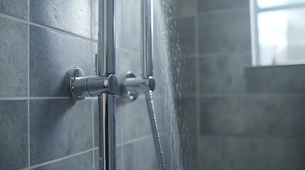 Modern Shower Head with Running Water in a Tiled Bathroom
