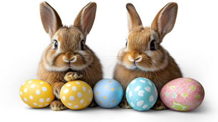 Two cute bunnies with colorful easter eggs isolated on transparent background for easter celebration