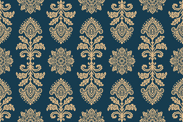 Seamless ethnic floral ornament with an oriental elements background. Contemporary damask seamless pattern. Motifs Ikat floral embroidery design for texture, fabric, clothing, and decoration