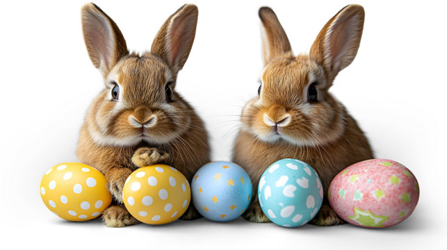 Two cute bunnies with colorful easter eggs isolated on transparent background for easter celebration