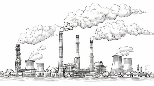 Sketch engraving of industrial power plant with smokestacks, cooling towers, and heavy smoke in the sky