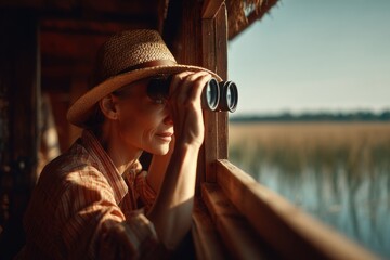 A woman wearing a hat, looking through binoculars out of a bird watching blind towards the marsh, searching for unique and rare species of birds.