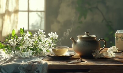 Jasmine tea with sprig on wooden table in calm still life. AI generated illustration.