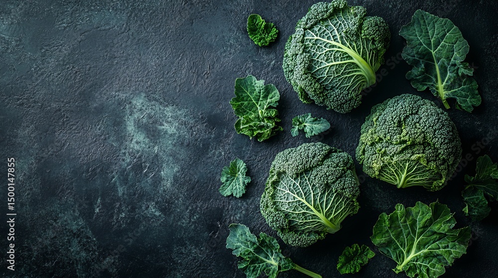 Poster several heads of cabbage are arranged on a dark textured surface with a few loose leaves scattered a