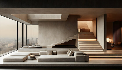 Minimalist modern interior featuring layered platforms, soft lighting, a staircase, and city skyline view