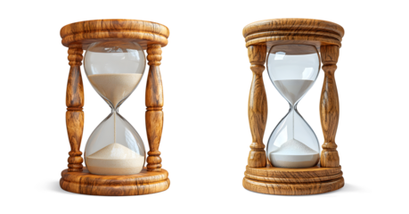 Two wooden hourglasses, one with sand and the other with white powder isolated on transparent background