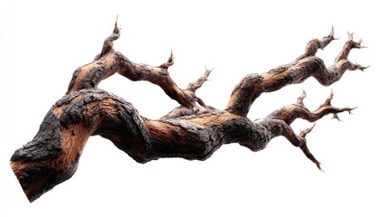 Fototapeta premium Mysterious twisted oak branch with rough bark texture, Gothic aesthetic, isolated on white