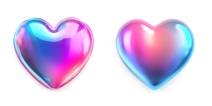 Two iridescent heart shapes isolated on transparent background with a luminous glass appearance