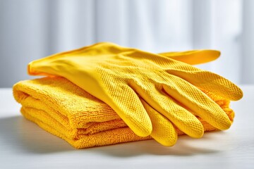 A vibrant, close-up of yellow rubber gloves atop a folded microfiber cleaning cloth, ready for spring cleaning and household chores, conveying cleanliness and hygiene.