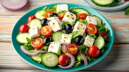 Delicious Greek Salad with Feta Cheese, Olives, Cucumbers, and Tomatoes