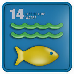 Life Below Water 3d icon. A fish is swimming in the sea. Sustainable Development global goals concept for Non-Profit organizations. High quality 3D render.