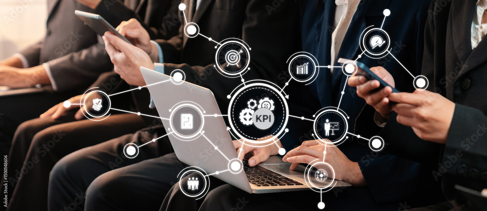 Poster a group of business professionals using laptops and smartphones to analyze key performance indicator
