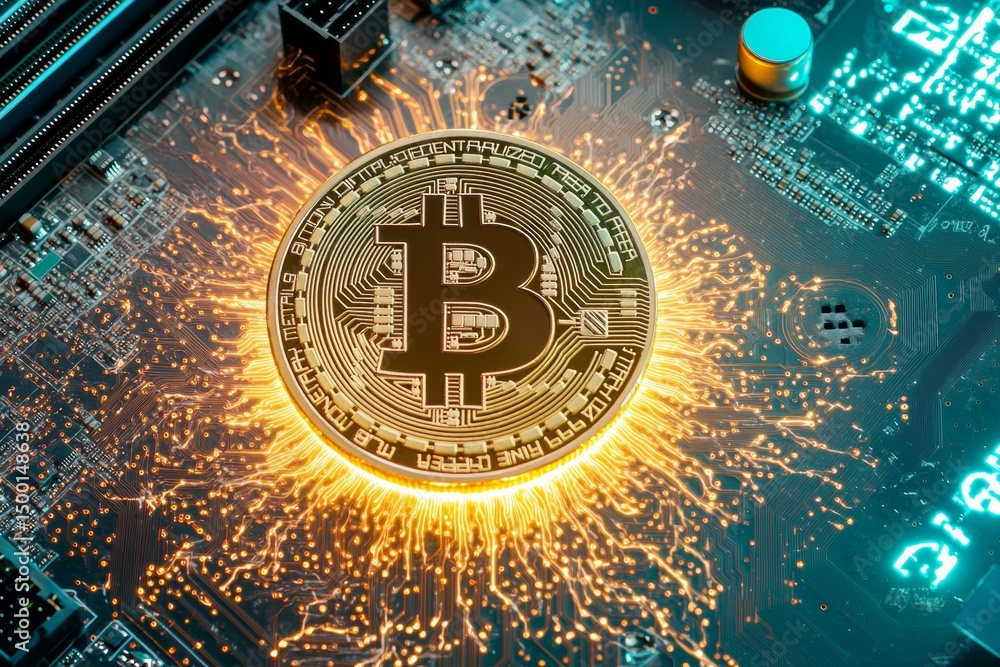 Poster bitcoin coins are prominently displayed on a luminous motherboard, surrounded by intricate circuits 
