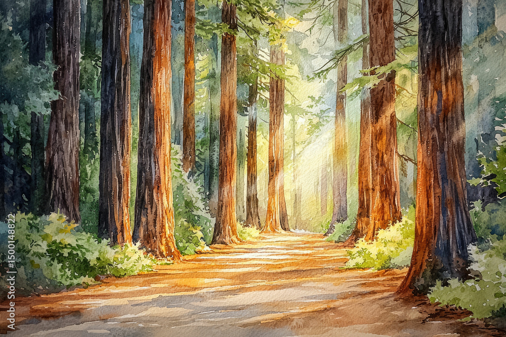 Poster Sunlit path through a redwood forest, tall trees casting long shadows, creating a serene and peaceful atmosphere.
