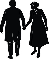 elderly couple walking hand in hand silhouette
