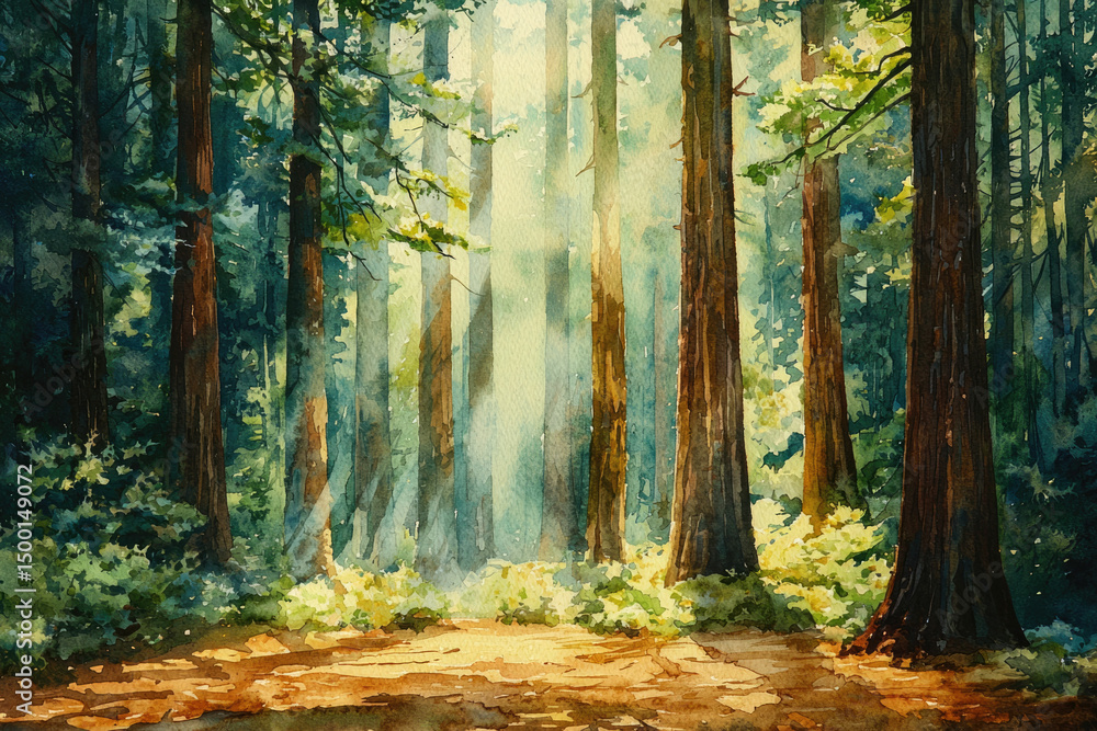 Poster Sunbeams pierce a Redwood forest, illuminating a tranquil path through towering trees.