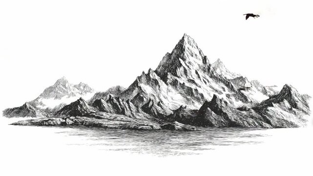 Sketch engraving of towering mountain peak with surrounding ridges, tranquil lake, and bird in flight above
