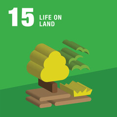 Life on Land 3d icon where a big tree in a garden and birds flying over it. Sustainable Development global goals concept for Non-Profit organizations & Education program. High quality 3D render.