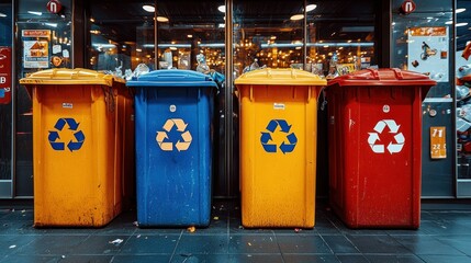 Recycling bins Yellow, blue, yellow, and red containers