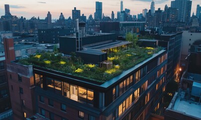 Sustainable energy on factory rooftop. AI generated illustration.