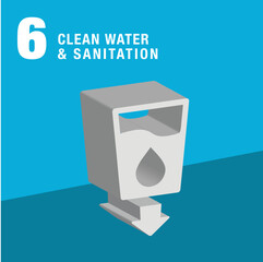 Clean water and sanitation 3d icon. A glass holding clean water and a drop with a downward arrow. Sustainable Development global goals concept for Non-Profit organizations. High quality 3D render.