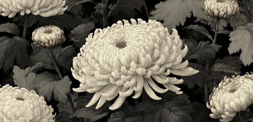  Seamless Chrysanthemum Flower Pattern – Monochrome Japanese Style Background