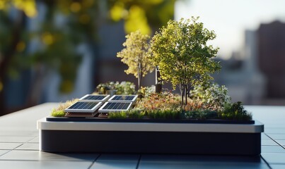 Sustainable energy on factory rooftop. AI generated illustration.