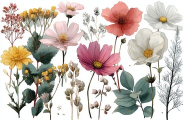 Vintage Hand-Drawn Wildflowers and Plants Set – Botanical Sketch Collection in Pastel Colors
