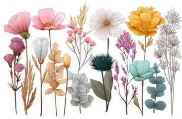 Vintage Hand-Drawn Wildflowers and Plants Set – Botanical Sketch Collection in Pastel Colors