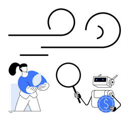 Person holding eco-friendly leaf symbol, robot with magnifying glass and coin analyzing wind energy. Ideal for renewable energy, sustainability, eco-friendliness, technology, automation, research