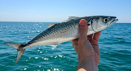 Freshly caught mackerel held by hand over the sea on a sunny day 