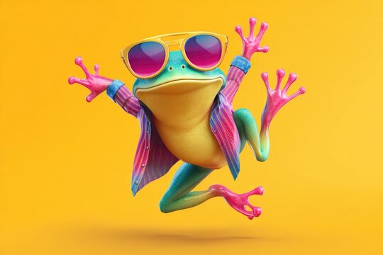 Stylish frog wearing sunglasses and colorful clothes jumping and dancing