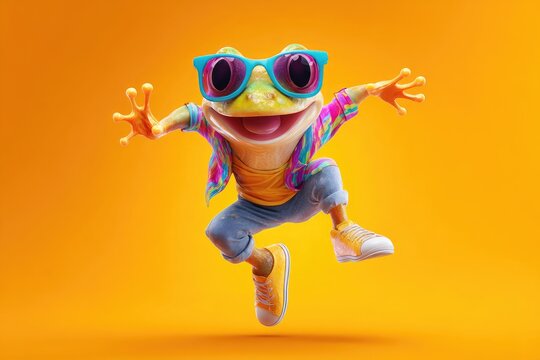 Stylish frog wearing sunglasses and colorful clothes jumping and dancing
