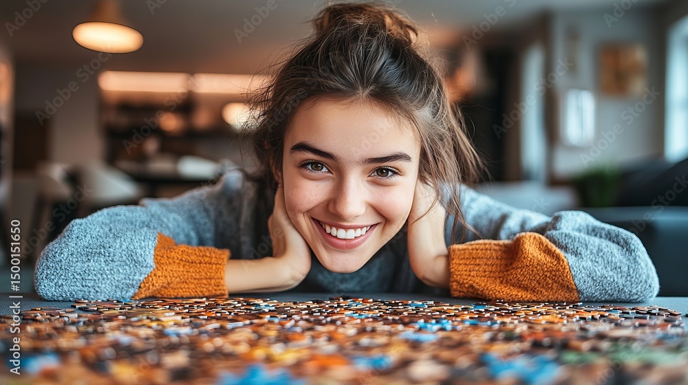 Poster smiling woman rests her face on hands while assembling a jigsaw puzzle on a table indoors.