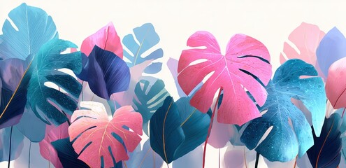 Abstract Pink and Blue Tropical Leaves Illustration – Modern Botanical Art for Wall Decor