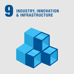 Industry Innovation and Infrastructure 3d icon. Three colorful boxes create one sculpture of success. Sustainable Development concept for Non-Profit organizations. High quality 3D render.
