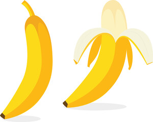 Modern geometric illustration of a whole banana and a peeled banana on white background. Ideal for healthy food design, fruit packaging, diet concepts, and contemporary minimal artwork.