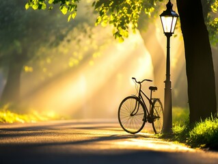Naklejka premium Bicycle parked beside a vintage lamp post on a sunlit path surrounded by lush greenery