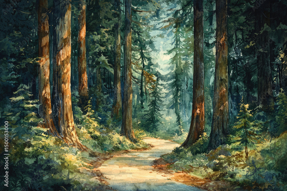 Poster a sun-dappled path winds through a lush, ancient redwood forest, sunlight filtering through the towe