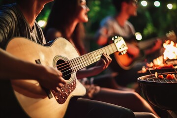 Obraz premium Friends gather around a barbecue at night, enjoying lively music from guitars as they share laughter and delicious food, surrounded by warm light and good vibes