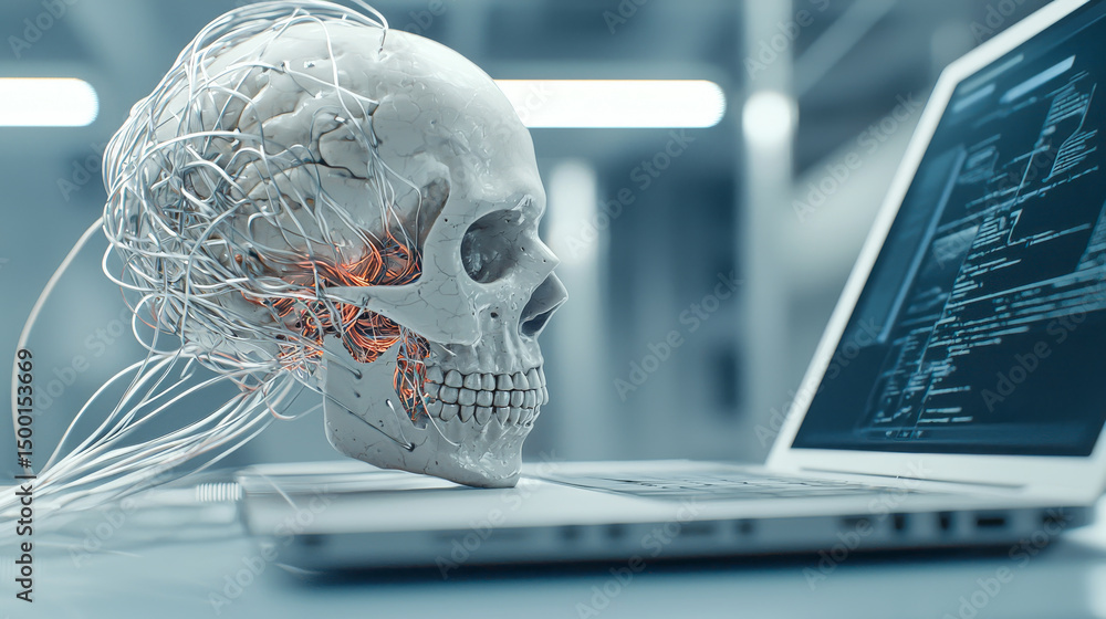 Poster digital-connected skull model. a human skull model linked to a laptop shows glowing wires, merging b