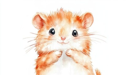 Cute hamster with fluffy body and big eyes, watercolor style. AI generated illustration.