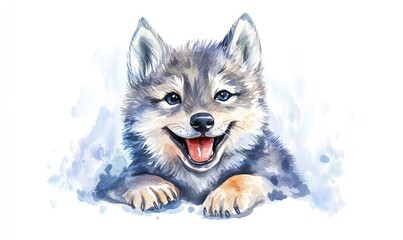 Happy kid wolf doll, watercolor style. AI generated illustration.